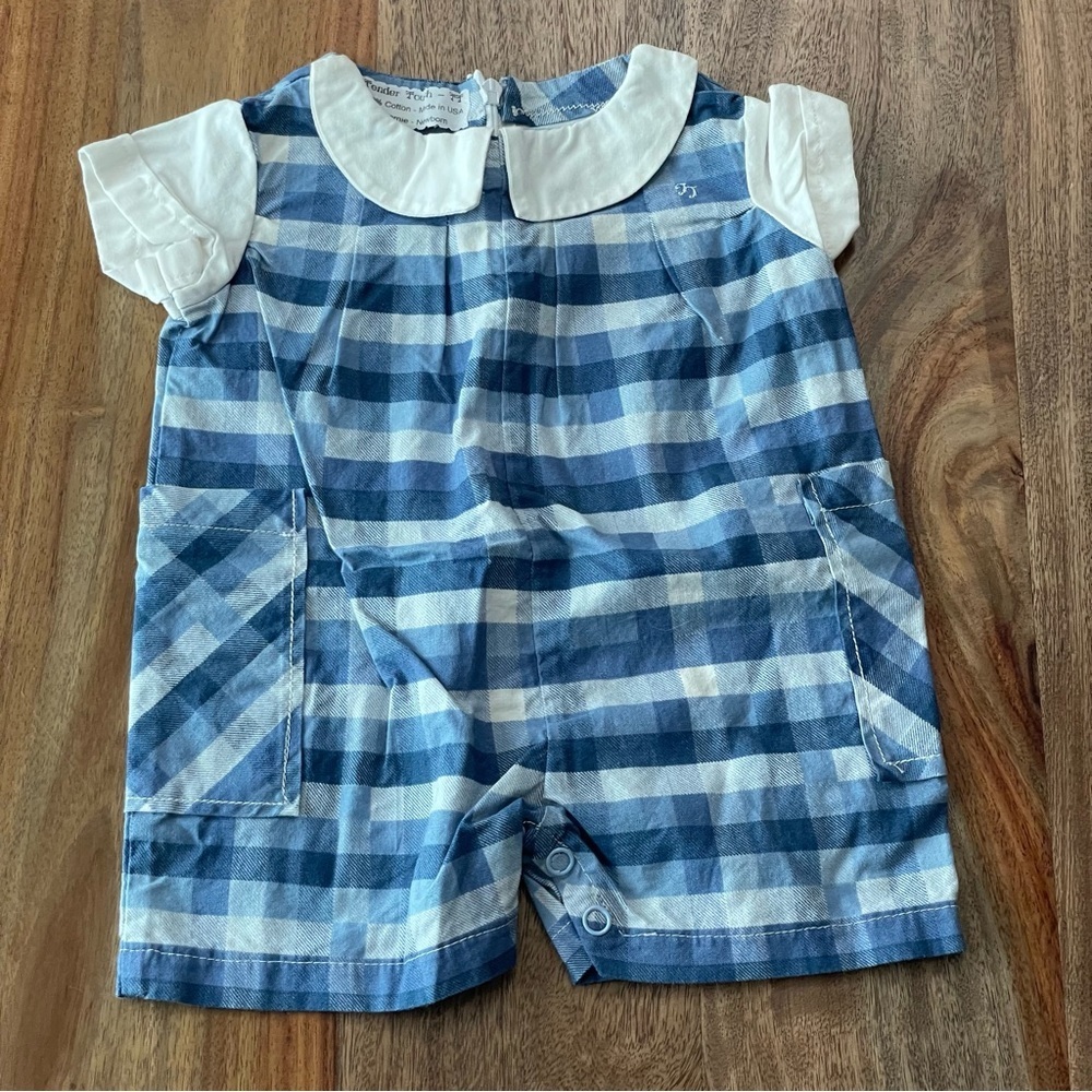Vintage Tender Touch Baby Handcrafted Blue Plaid Cotton Romper Newborn-Preemie